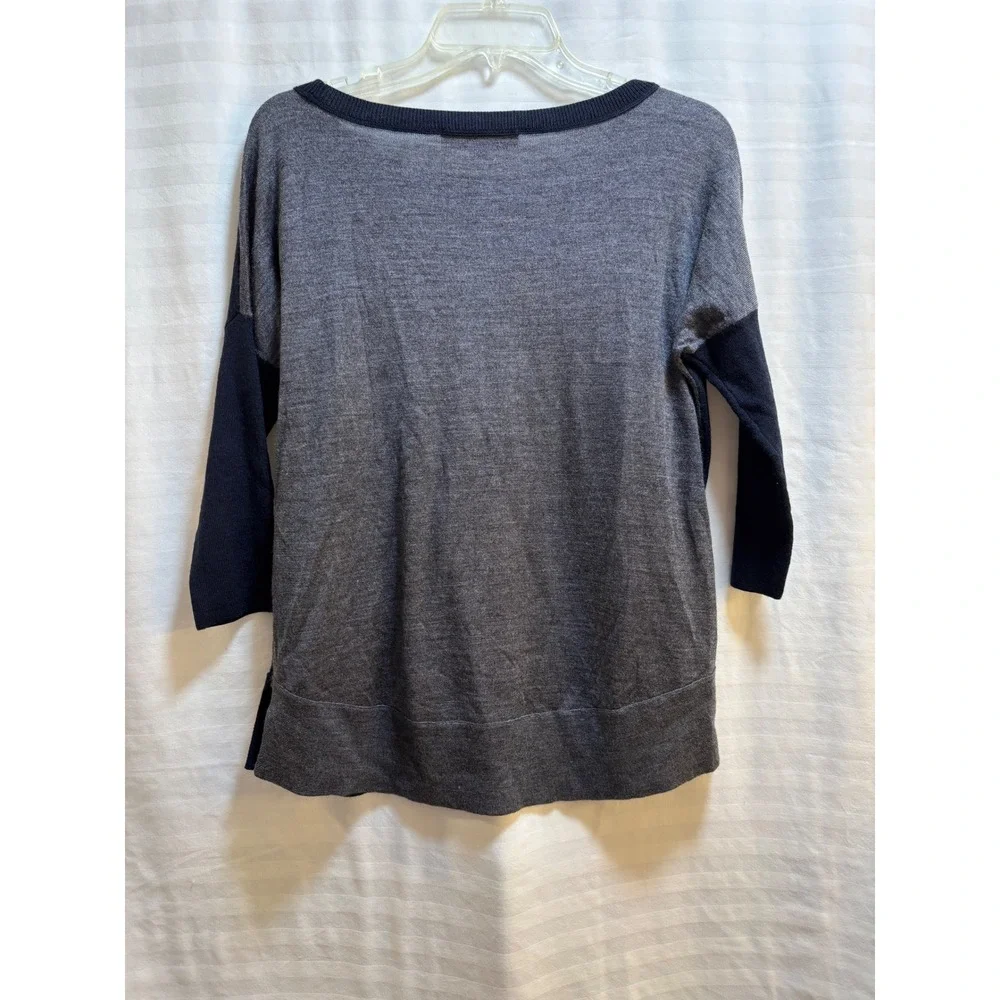 Loft Navy Blue Gray Colorblock MERINO‎ WOOL Blend Sweater Scoop Neck 3/4 Sleeve